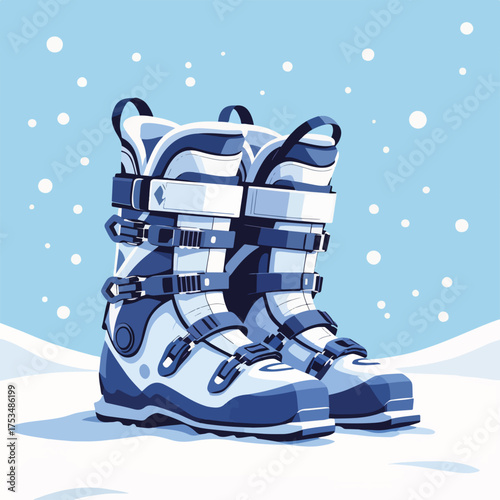 Flat illustration shows ski boots, equipment for cold weather and snowy landscapes. Warm ski boots are vital to enjoy time outdoors in chilly destinations.