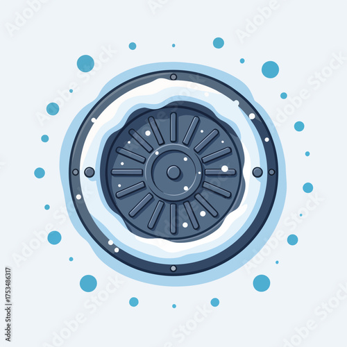 Snow on manhole cover showing winter's arrival on urban landscapes. This winter illustration features snow on manhole cover, marking transition to colder months and icy conditions.