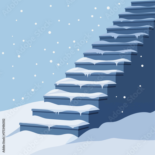 Snow piled on stairs creates beautiful winter scene, showing staircase covered in fresh snow and ice. Snow scene includes steps leading upwards during cold winter weather.