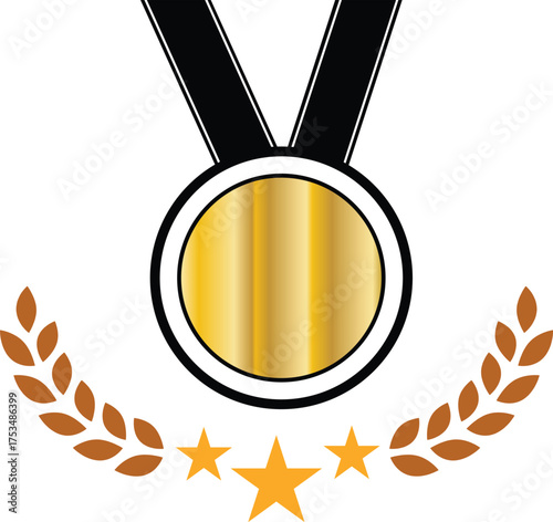 A gleaming gold medal, suspended by a black ribbon, signifies accomplishment, honor, and excellence, accompanied by a laurel wreath and star.