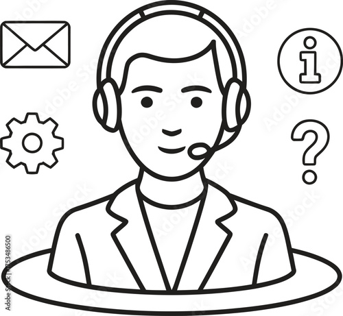 Customer service representative with headset and support icons