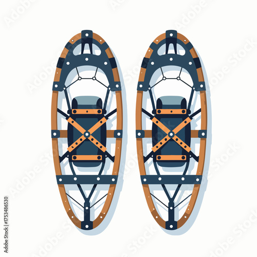Vintage snowshoes artfully arranged on wall presenting flat illustration. Snowshoes display evokes classic winter adventures, featuring wood frames and sturdy bindings, ready for snowy landscapes.