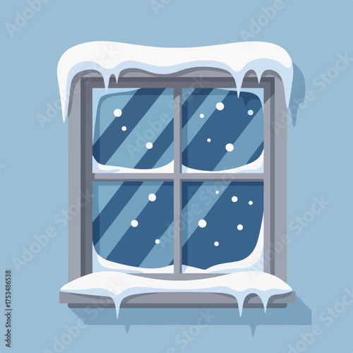 Window snow buildup on building with blue background. Window with snow buildup, creating cozy winter scene in flat style. Perfect illustration window snow buildup to evoke winter atmosphere,