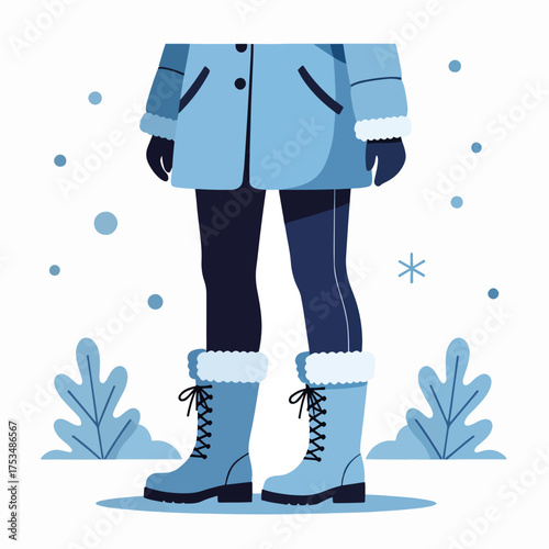 Depicting woman in felt boots wearing warm winter attire. Woman in felt boots is a concept showing cozy winter clothing; she's wearing a light blue coat, dark pants, gloves, and boots laced up,