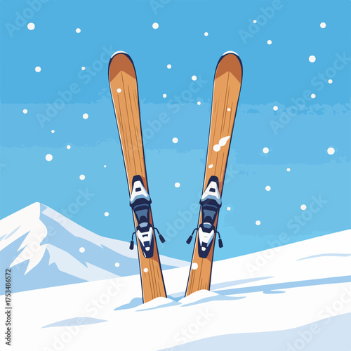 Wooden skis in snow, a wintry scene perfect for winter sports. Flat illustration depicts wooden skis in snow, standing vertically, showing off scenic snowy mountains in background,