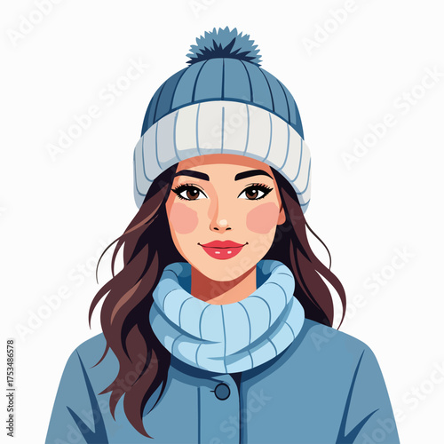 Woman in trapper hat in cold colors, a flat illustration showcasing winter fashion. Beautiful woman portrait with trapper hat with cool winter colors for seasonal apparel and a snug winter look,