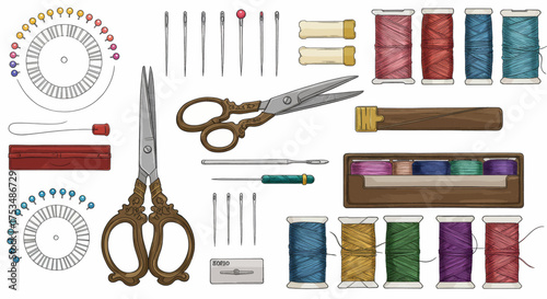 A diverse collection of sewing supplies including scissors, needles, thread spools, and pin cushions