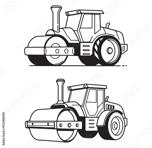 Two black and white illustrations of road construction steamrollers for various design projects