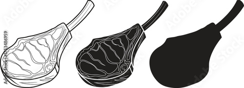 Three styles of tomahawk steak illustration line art silhouette