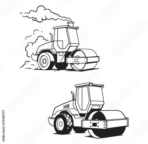 Two black and white road roller construction machines vector illustration in outlined style