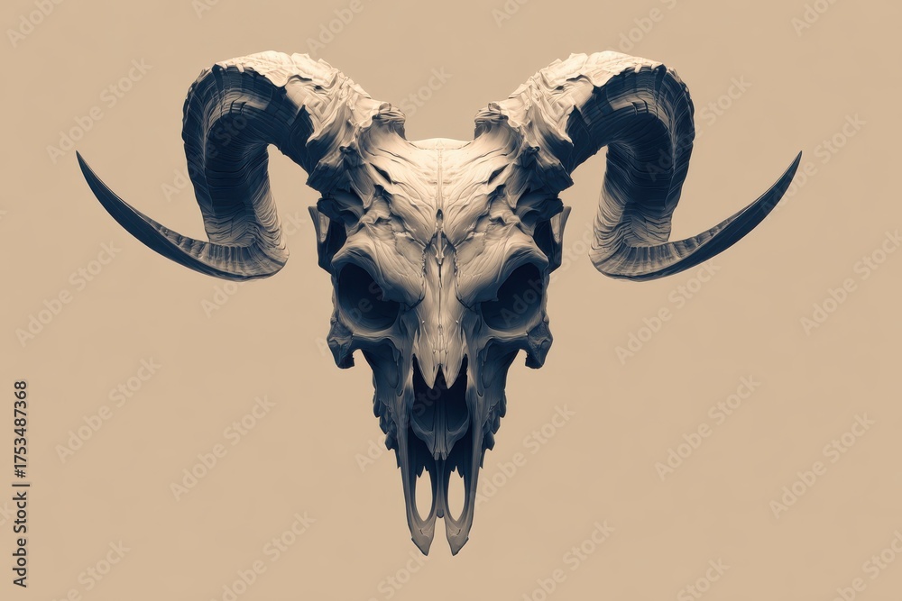 Fototapeta premium Ram skull with large, curved horns displayed against a plain background.