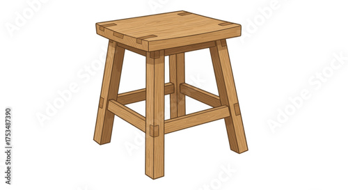 A simple wooden stool with a square seat and four legs, showcasing traditional joinery techniques