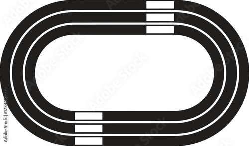 Overhead view of a black running track with white lane markers