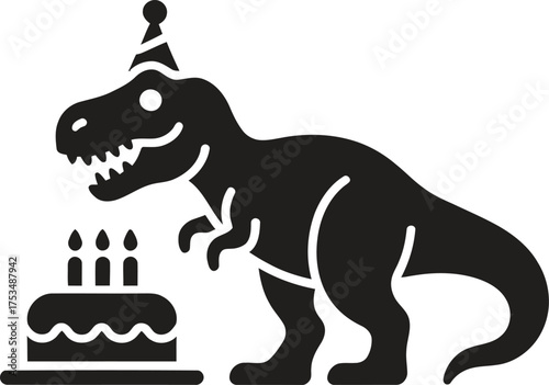 Happy birthday dinosaur wearing party hat next to cake