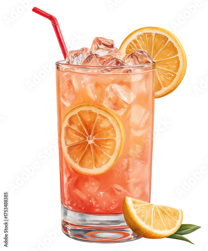 a highball glass filled with a pink and orange tequila sunrise cocktail | transparent png