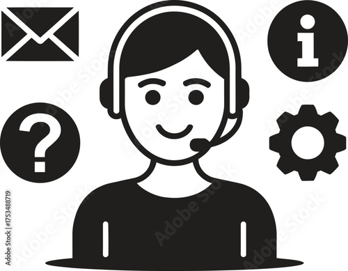 Customer service representative with icons for support and communication