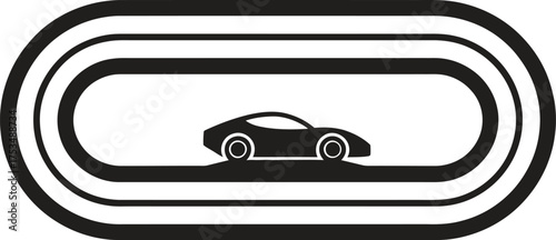 Stylized silhouette of a sports car on a racetrack
