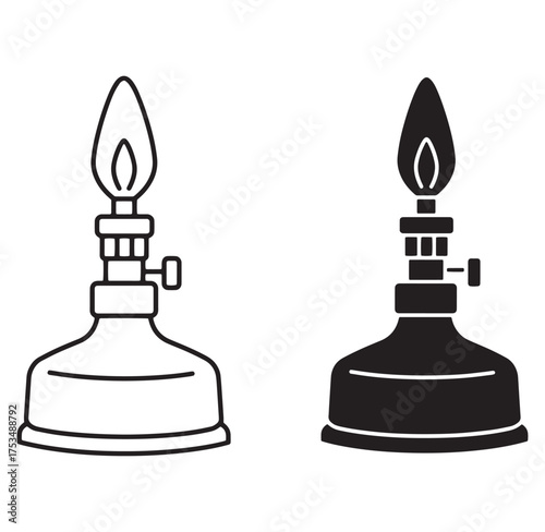 Vector illustration of a laboratory bunsen burner in solid black and outline versions.