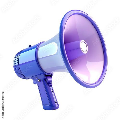Glossy, stylized illustration of a blue and purple megaphone against a black background