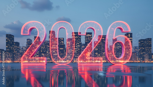 Red neon numbers 2026 with a nighttime city skyline and skyscrapers visible through them. Christmas and New Year's concept.