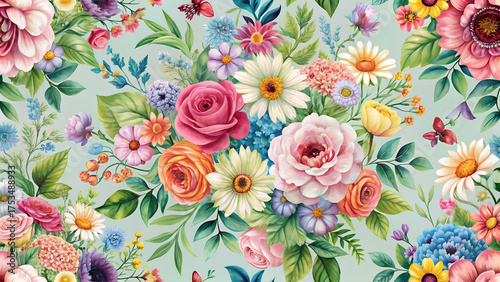 Vibrant watercolor floral arrangement with a variety of flowers like roses, daisies, and hydrangeas, set against a soft mint green background