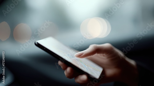 Female hand interacting with smartphone map app, viewing location while driving, car interior blurred behind. Travel and navigation theme