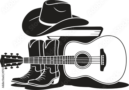 Country music cowboy hat boots and acoustic guitar illustration