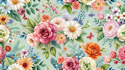 Vibrant floral seamless pattern with a variety of blooming roses, daisies, and other flowers in rich, colorful hues