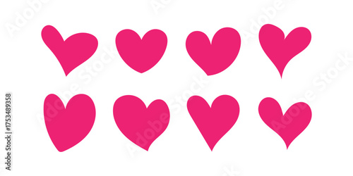 Set of hand drawn pink heart shapes isolated on white background. Cute romantic doodle elements for Valentine’s Day, love design, or decoration.