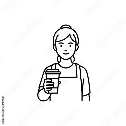 Young woman barista smiling while holding coffee cup in cafe  