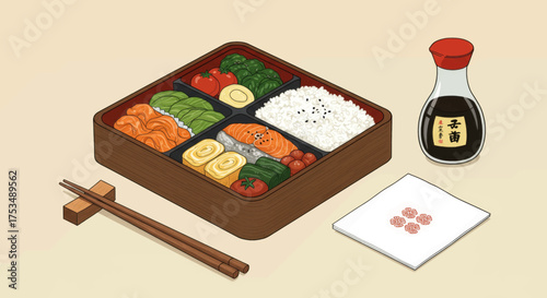 Delicious Japanese Bento Box Lunch with Salmon and Rice, Served with Soy Sauce