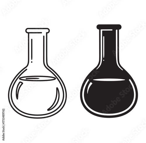 Vector illustration of two erlenmeyer flasks in outlined and filled black styles