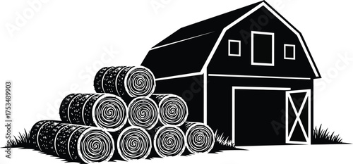 Black barn with hay bales, rural farm building, agricultural harvest