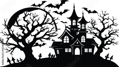 Vector art of haunted house with bats flying around a large moon during halloween