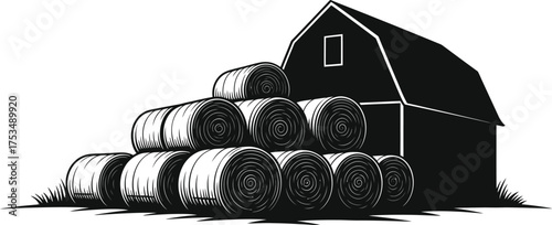 Graphic barn with hay bales, rural farm scene, agriculture and harvest