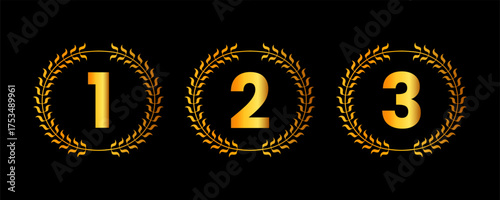 Gold ranking number badges 1 2 3 with laurel wreath on black