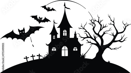 Vector art of silhouette of a spooky haunted castle with bats flying around on a hill with dead trees and a fence