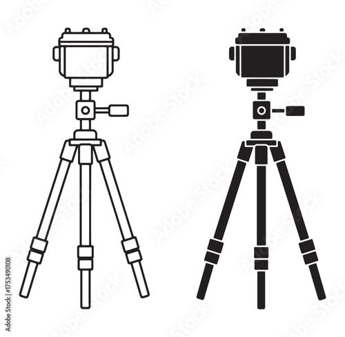Vector illustration of two tripods in outlined and silhouette styles against white background
