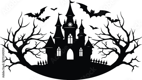 Vector art of black silhouette of a haunted castle with bats and a dead tree on a hill with graves