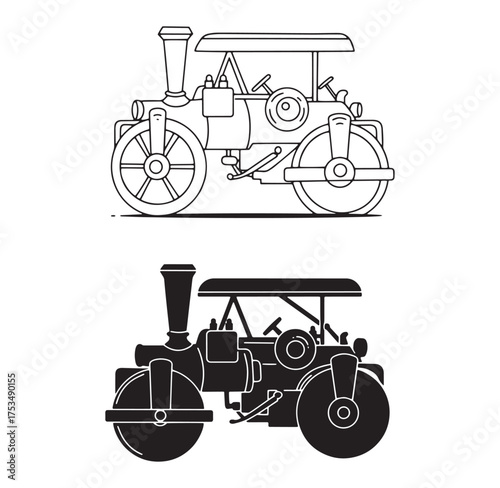Vintage road roller vector illustration in outline and silhouette styles