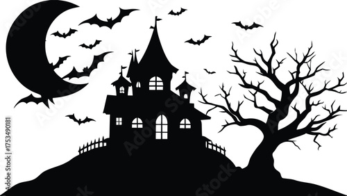 Vector art of dark silhouette of a haunted castle with bats and dead trees framing the scene