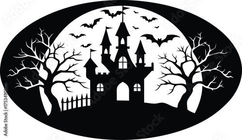 Vector art of silhouette of a spooky church with bats flying around a bare tree
