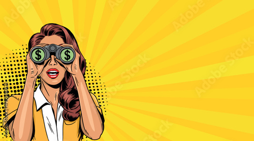 A young woman looks at money through binoculars. On a yellow background. Pop art in comic book style.