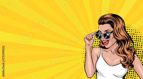 A young woman in pop art style wearing glasses. On a yellow background. Pop art in comic book style vector.