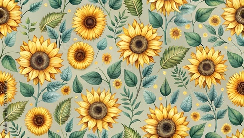 Cheerful seamless pattern of bright yellow sunflowers with green leaves on a textured light green background