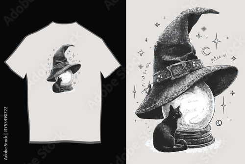 Enchanting witch hat and crystal ball graphic design perfect for apparel and themed merchandise halloween or fantasy vector