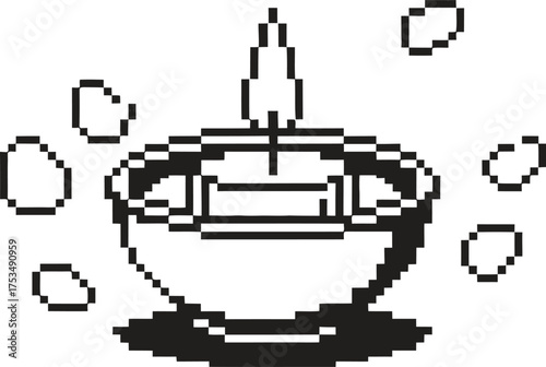 Pixel art illustration of a glowing diya lamp with floating embers