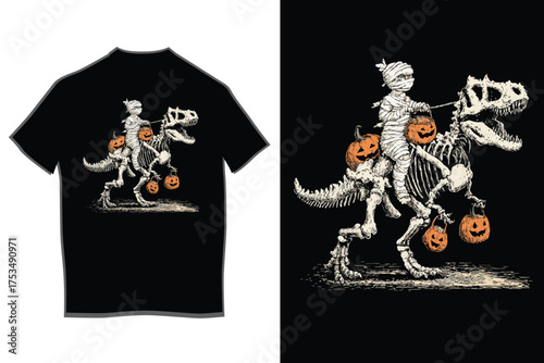 Spooky skeleton t-rex rider halloween t-shirt design featuring candy and pumpkins for a festive scare