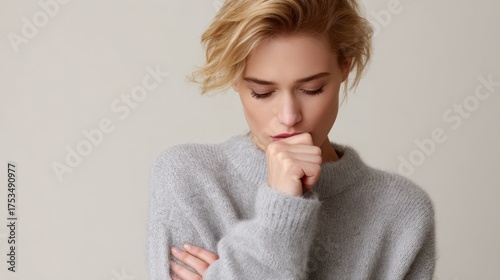 Close-up portrait of a young European blonde woman coughing intensely, showing signs of chest discomfort. Concept of flu, cold, and bronchitis