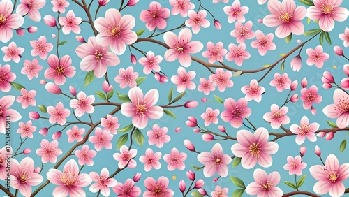 A beautiful seamless pattern of pink cherry blossoms on a bright blue background, perfect for spring and floral designs